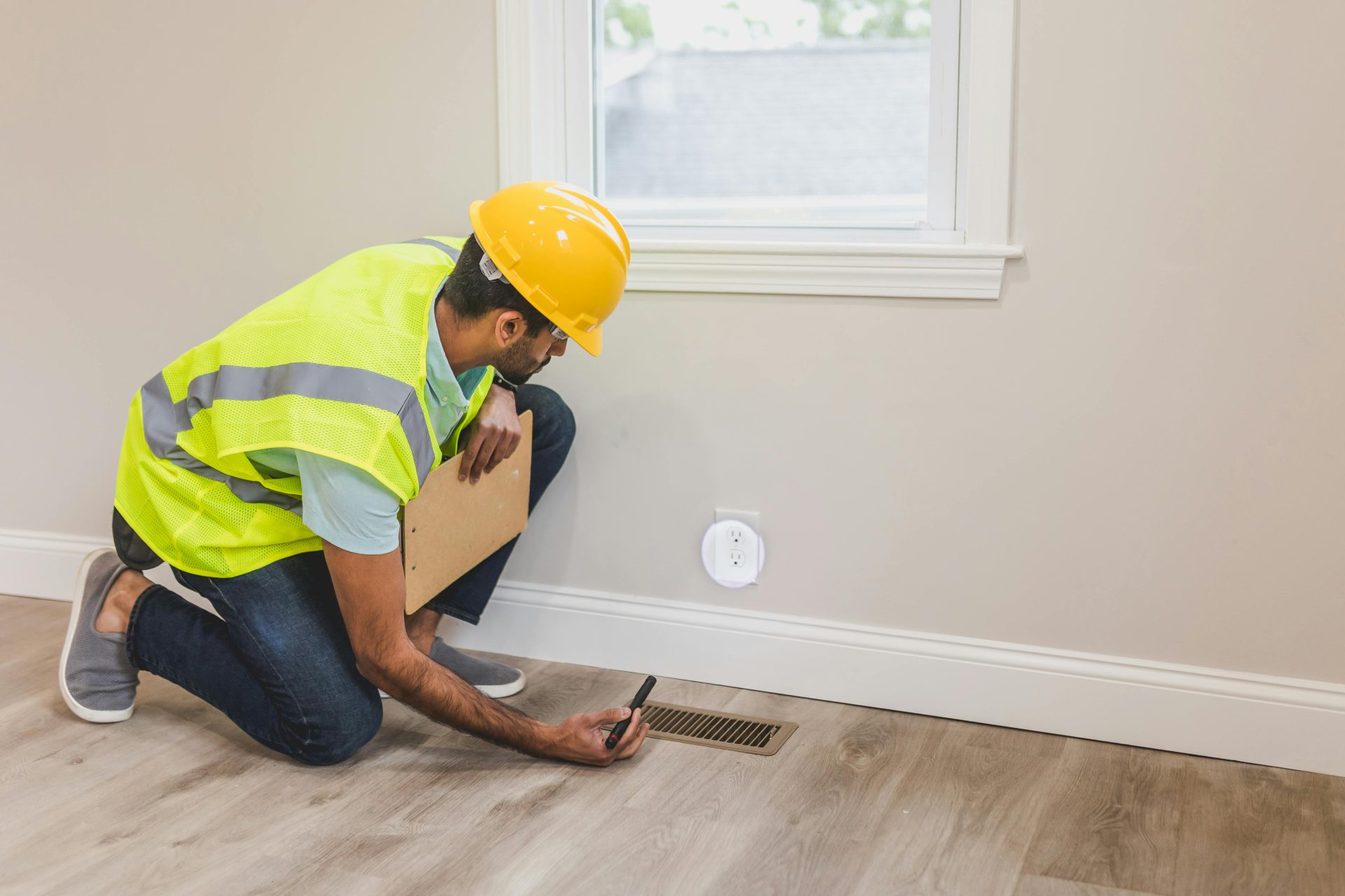 Un ouvrier du bâtiment portant un casque de sécurité inspecte un évent de plancher à l'intérieur, garantissant ainsi le respect des normes de qualité et de sécurité.